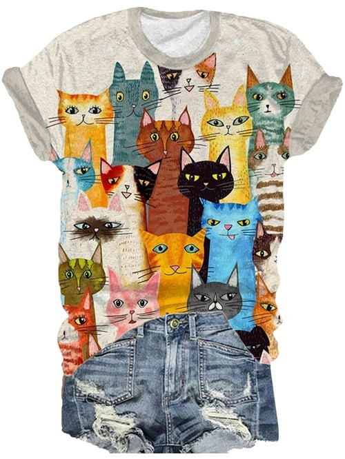 Colorful Whimsical Cats T-Shirt Cute Fluffy White Kitten Apparel Gift Ideas - Flickden