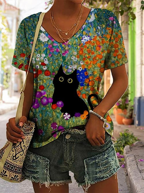 Cute Black Cat Garden V-Neck T-Shirt Whimsical Kitty Apparel Gift Ideas - Flickden