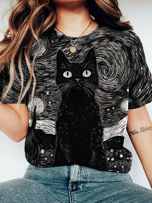 Cute Cat Pattern T-Shirt Artistic Oil Painting Kitty Tee Animal Lover Gift - Flickden