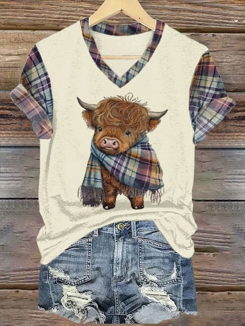 Cute Highland Cow V-Neck T-Shirt Western Country Apparel Gift Ideas - Flickden