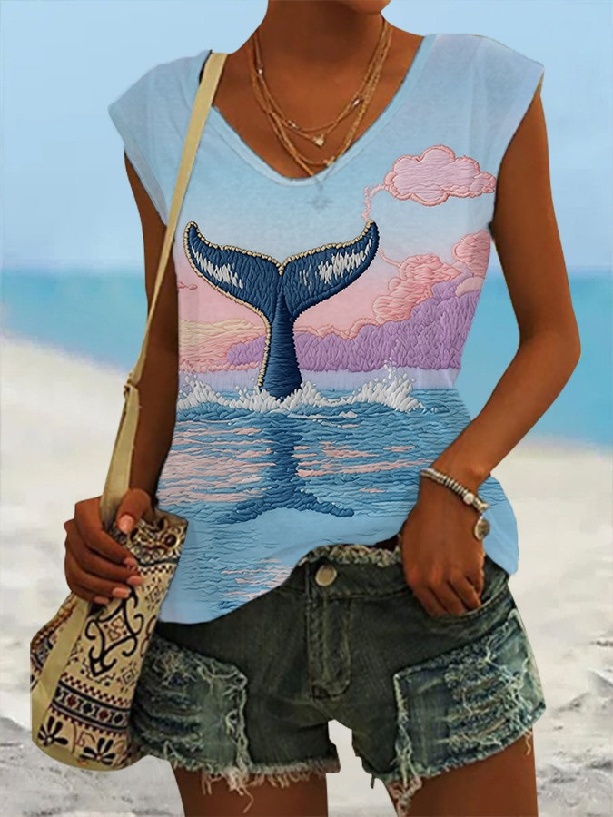Dreamy Whale Tail Sunset Seascape V-Neck Tank Top Gifts For Whale Lovers - Flickden