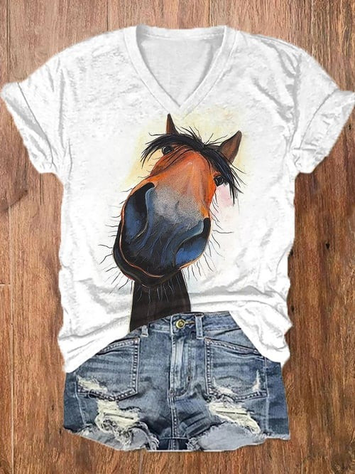 Funny Horse V-Neck T-Shirt Whimsical Farm Animal Apparel Gift Ideas For Horse Lovers - Flickden