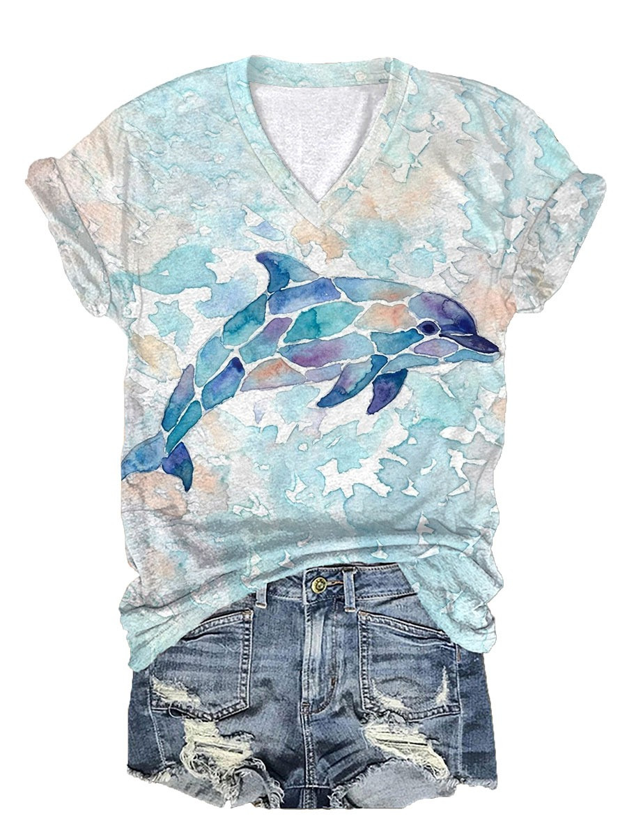Women's Dolphin World Ocean Day V-Neck T-Shirt Dolphin Gift Idea - Flickden