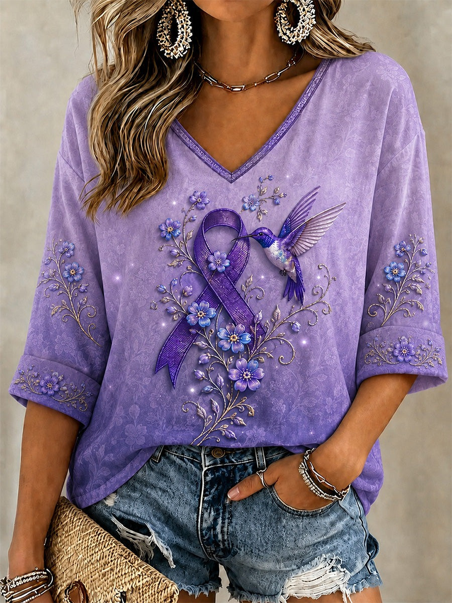 Alzheimer's Awareness Merch Hummingbird V-Neck Raglan Shirt Alzheimer's Support Gifts - Flickden