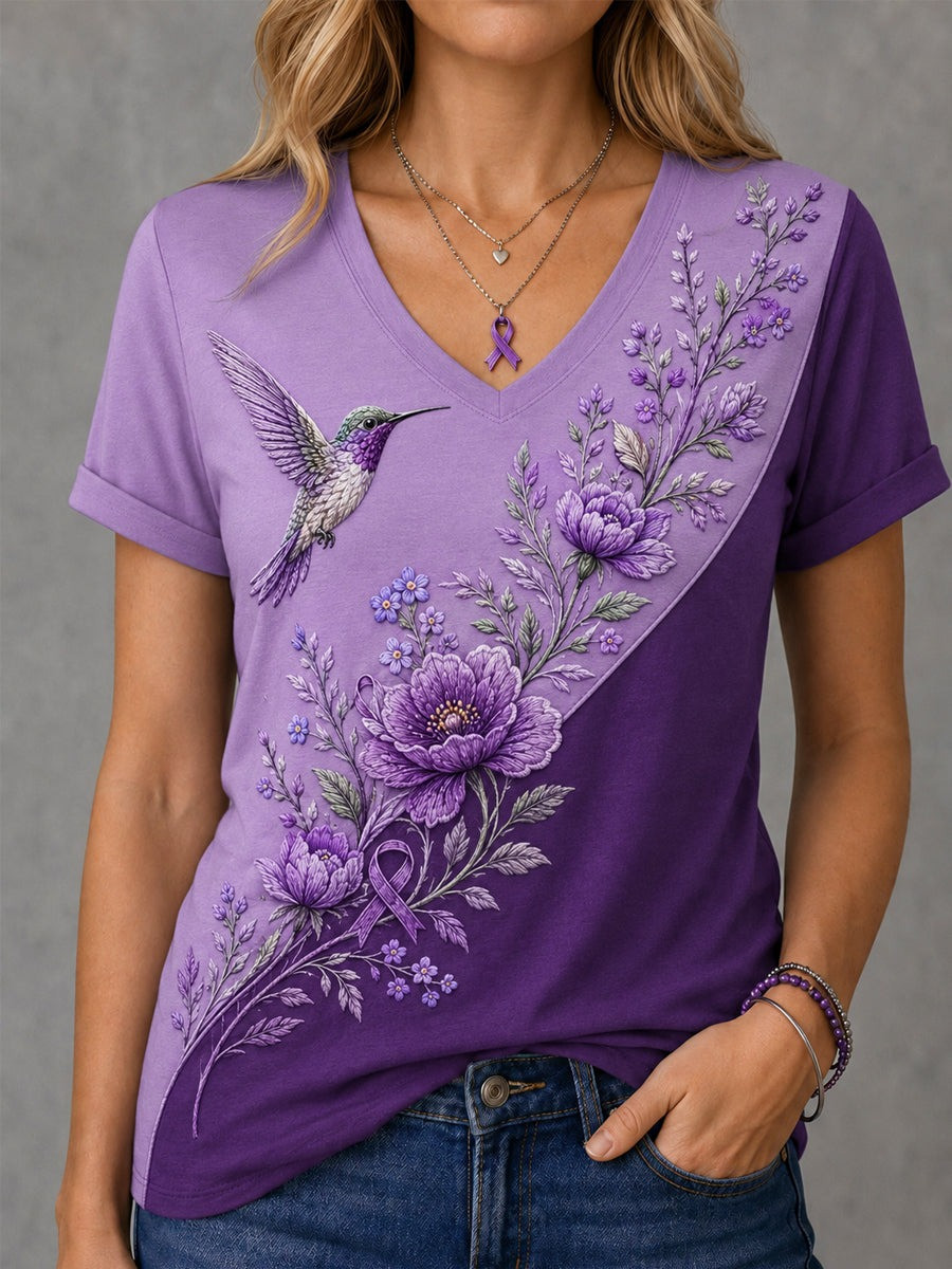 Alzheimer's Awareness Merch Hummingbird V-Neck T-Shirt Support Gifts - Flickden