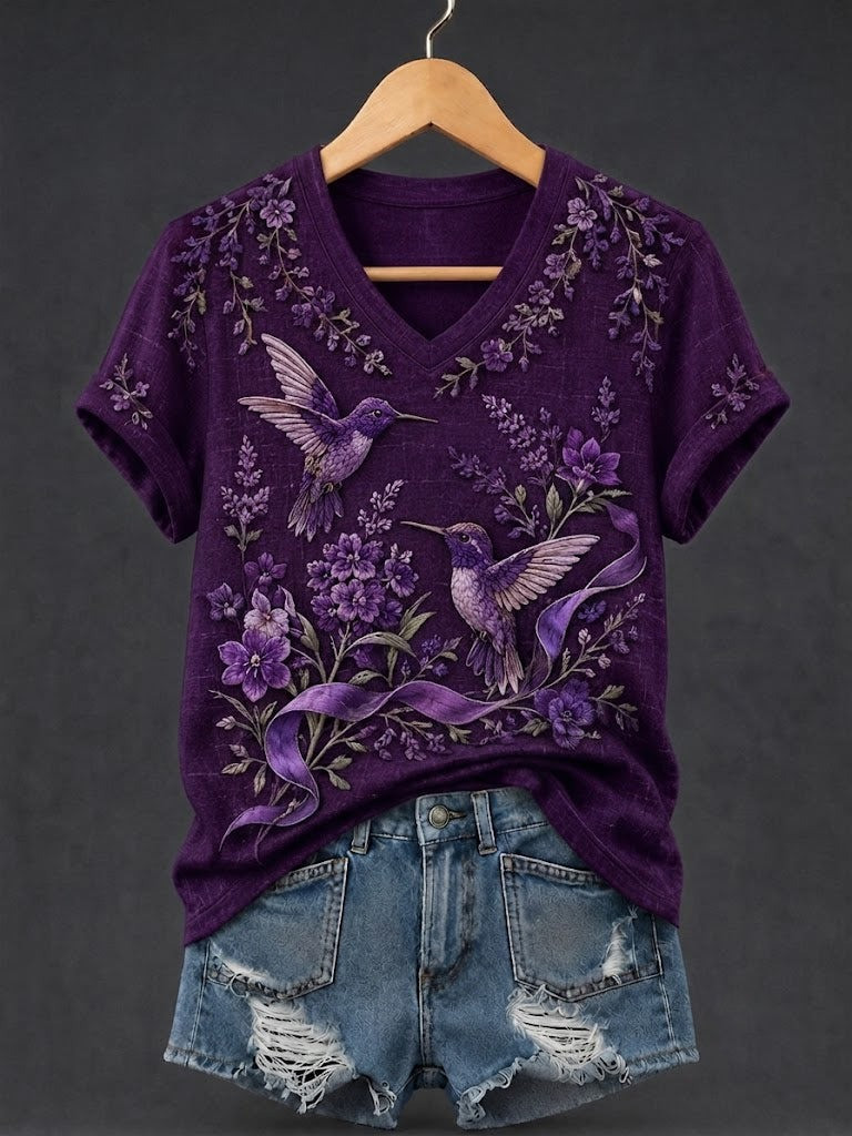 Alzheimer's Awareness Merch Purple Floral & Hummingbird V-Neck T-Shirt Gift For Mom - Flickden