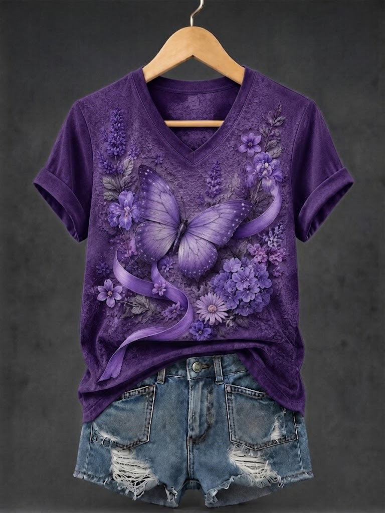 Alzheimer's Awareness Merch Purple Floral V-Neck T-Shirt Gift For Bestie - Flickden