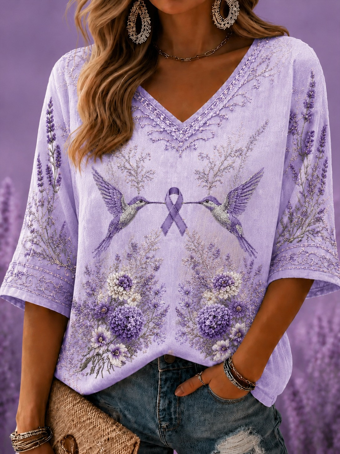Alzheimer's Awareness Merch V-Neck Raglan Shirt Purple Ribbon Awareness Gifts - Flickden