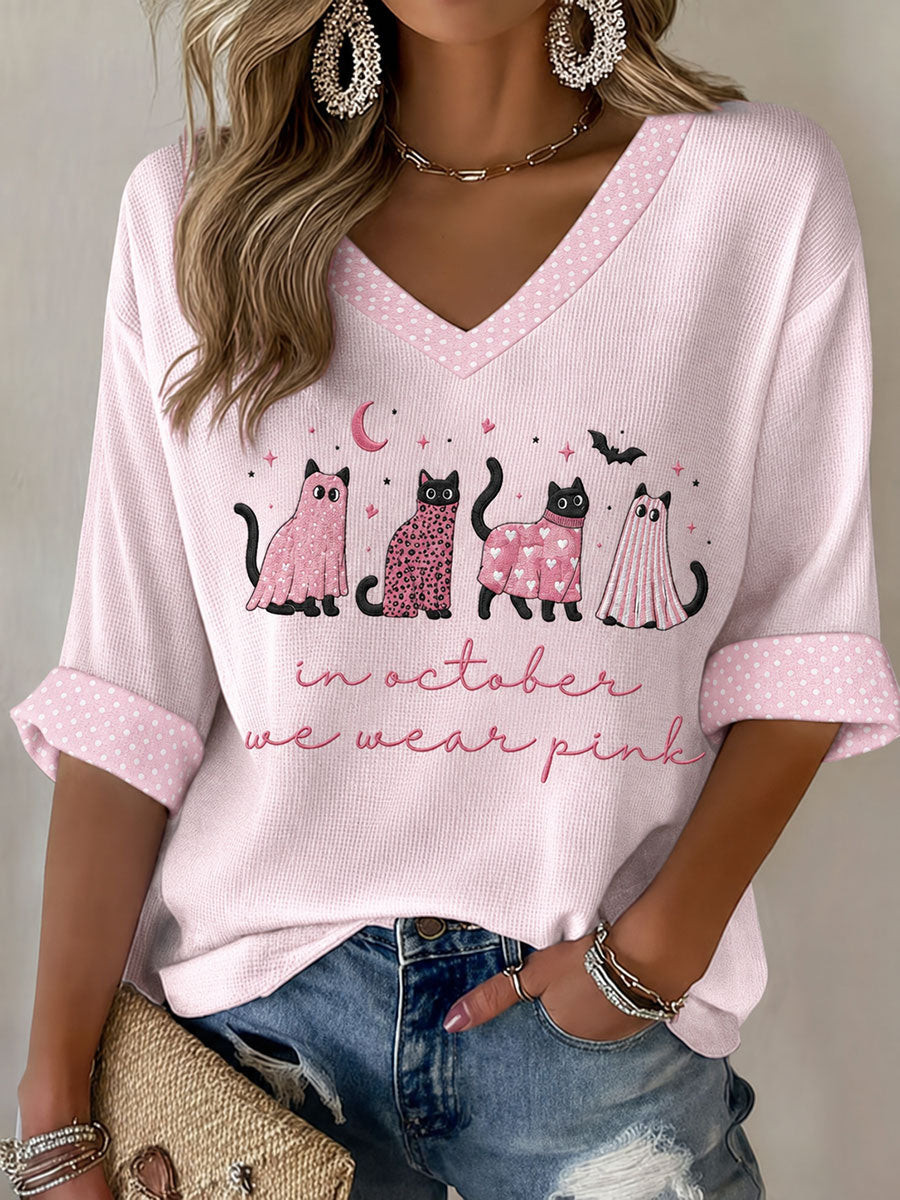 Black Cat In October We Wear Pink V-Neck Long Sleeve Shirt Breast Cancer Apparel Gifts For Mom - Flickden
