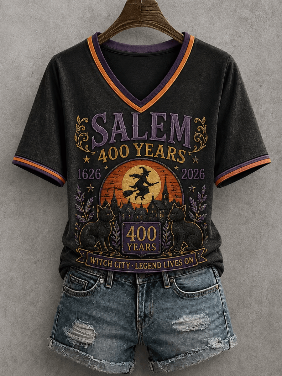 Black Cat Witch Salem 400 Years 1626 2026 V-Neck Shirt Spooky Season Outfit Halloween Gifts - Flickden