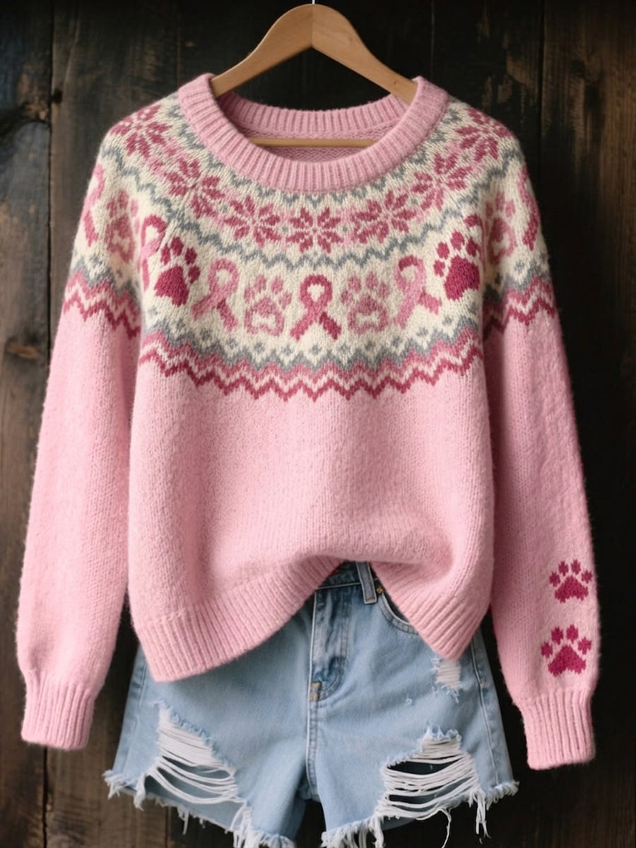 Breast Cancer Awareness Merch Dog Paw Pink Ribbon Sweater Gifts For Dog Lovers - Flickden