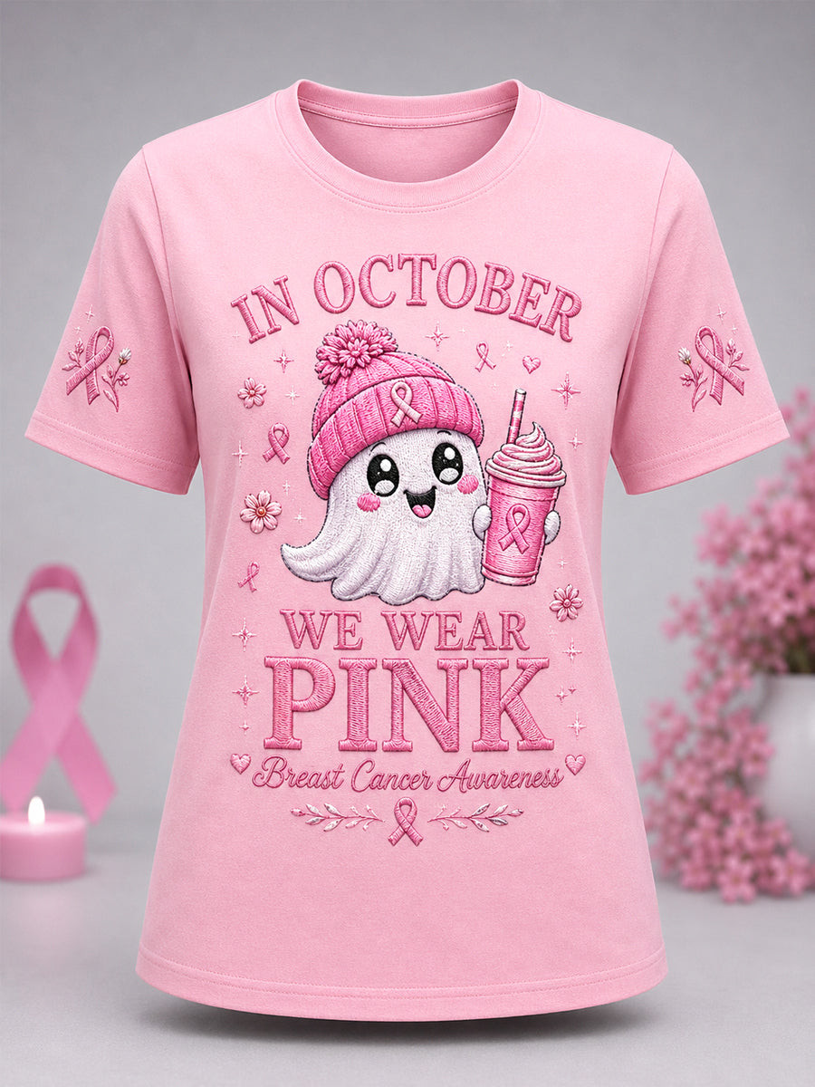 Breast Cancer Awareness Merch In October We Wear Pink Ghost T-Shirt Supporters Gifts - Flickden