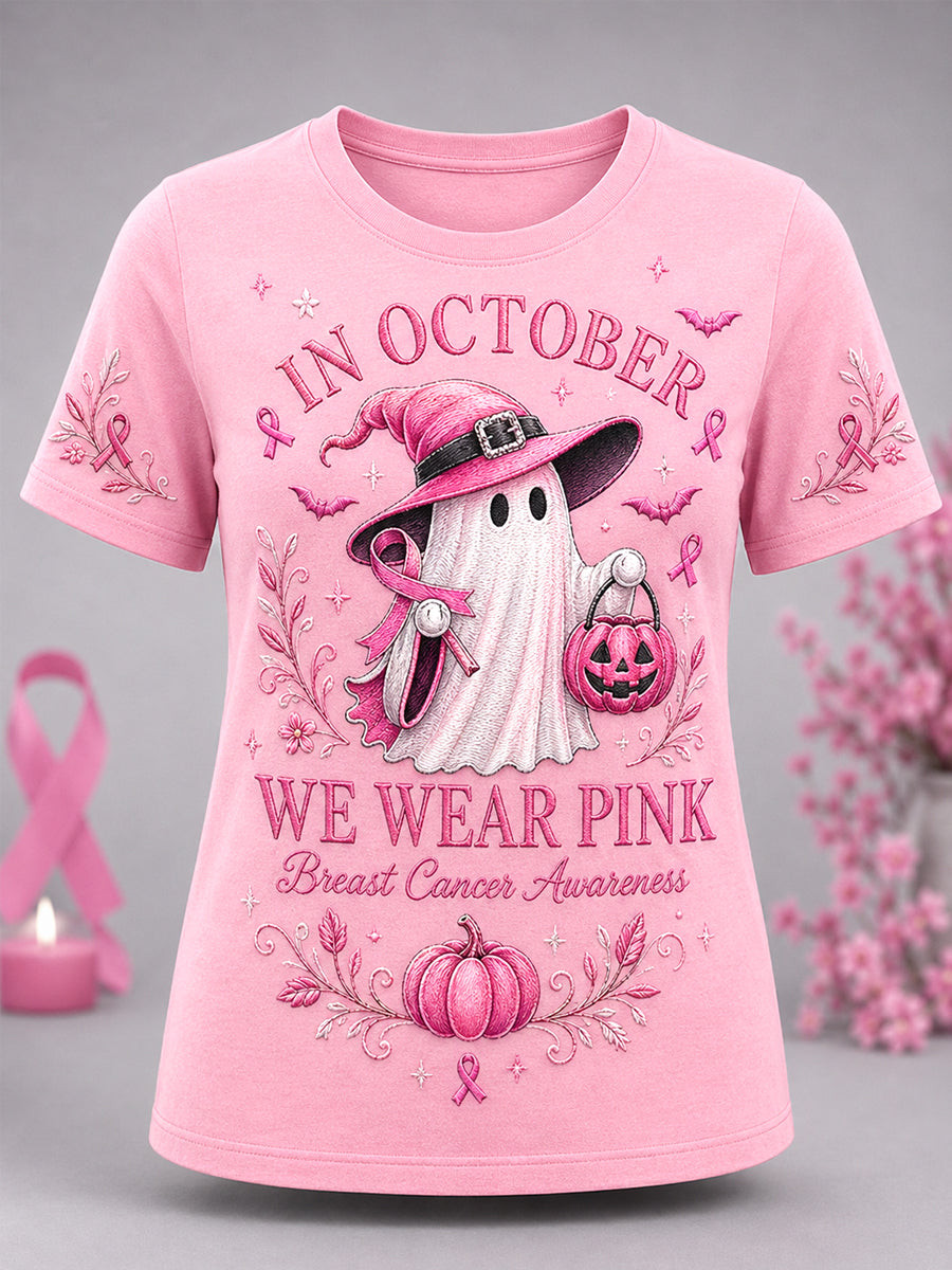 Breast Cancer Awareness Merch In October We Wear Pink Witch Ghost T-Shirt Best Gifts - Flickden