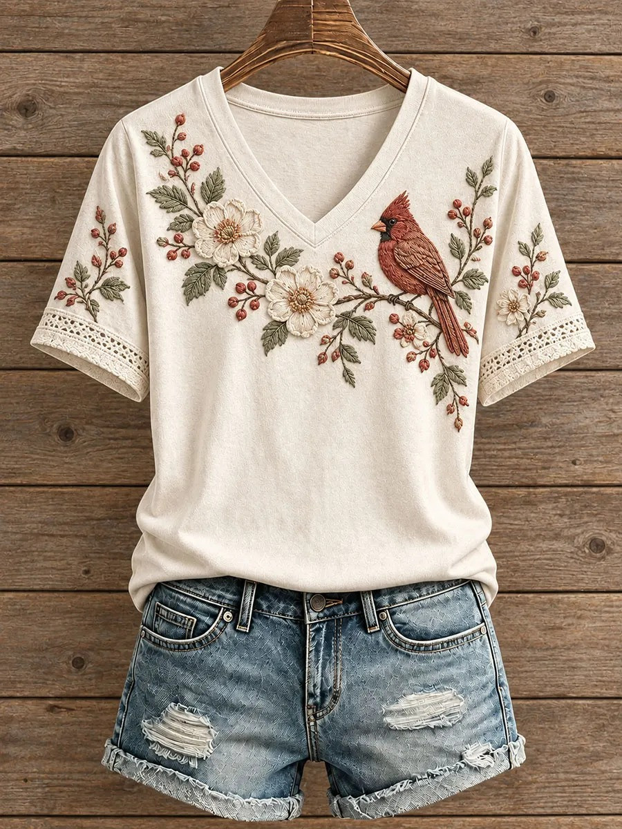 Cardinal Floral V-Neck Shirt Spring Flower Clothing Nature Inspired Gift For Mom - Flickden