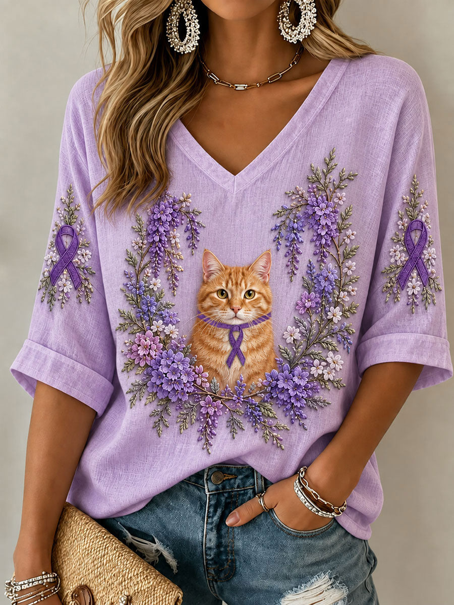 Cat Purple Floral Alzheimer's Awareness V-Neck Long Sleeve Shirt Cat Lovers Gift Ideas - Flickden