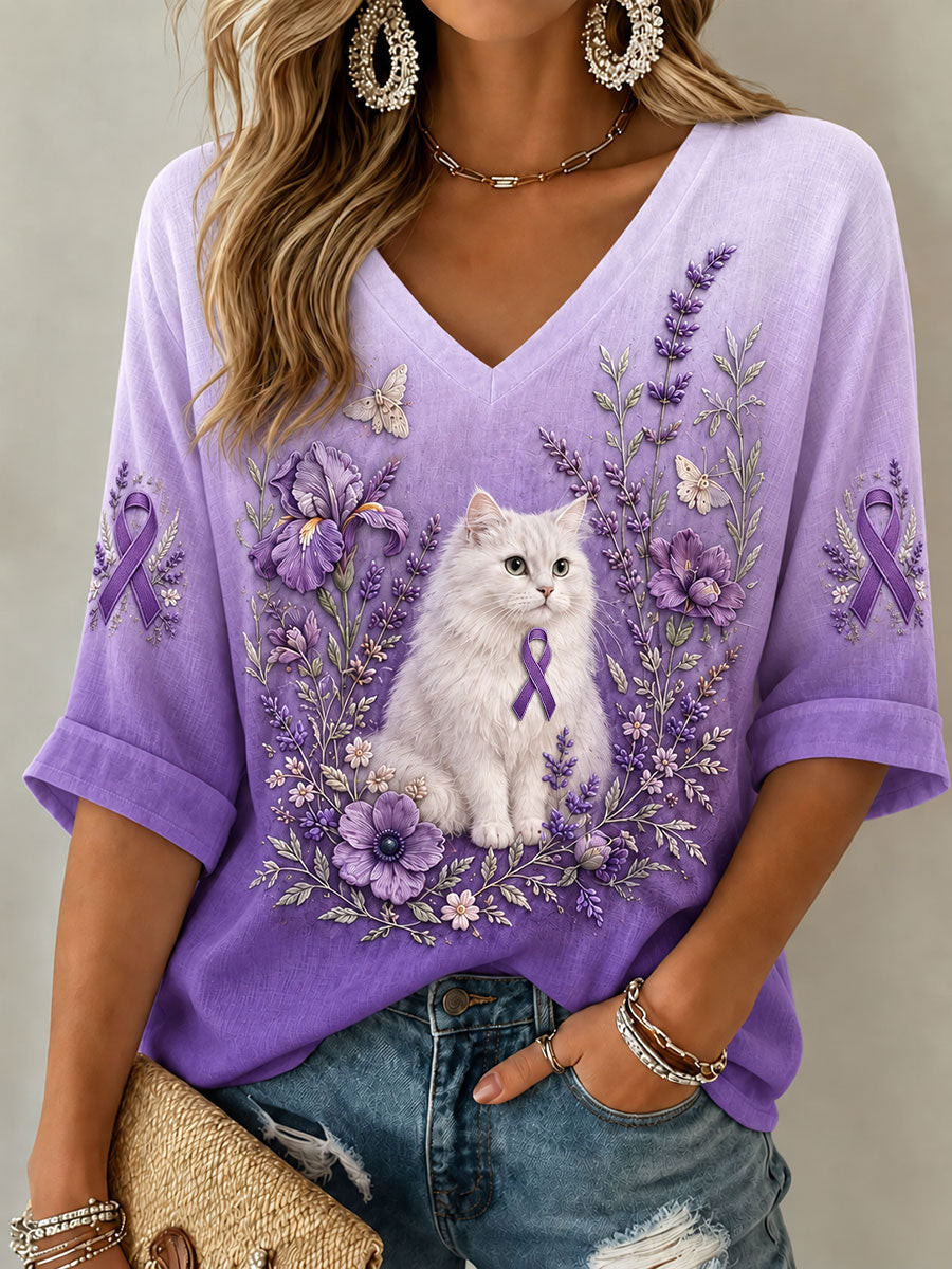 Cat Purple Floral Alzheimer's Awareness V-Neck Long Sleeve Shirt Cat Lovers Gifts - Flickden