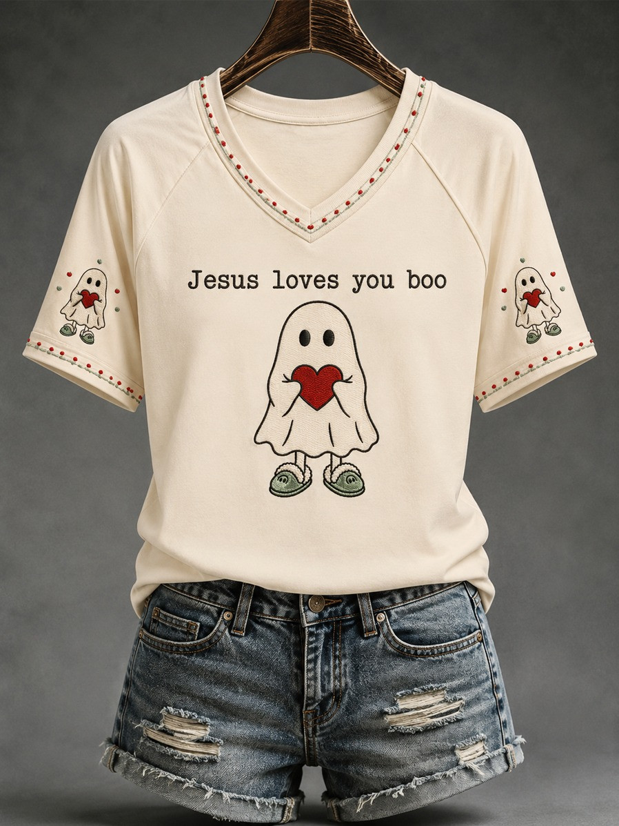 Christian Halloween Jesus Loves You Boo Cute Ghost V-Neck T-Shirt Gift For Wife - Flickden