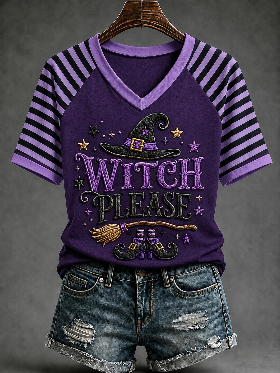 Funny Halloween Witch Please Stripes V-Neck T-Shirt Gift For Friends - Flickden