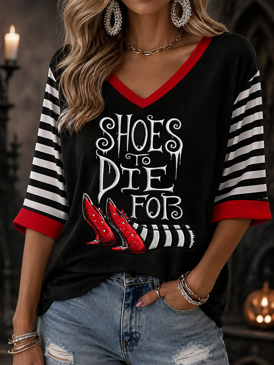 Halloween Shoes To Die For Red Shoes V-Neck Long Sleeve Shirt Halloween Outfit Gifts For Her - Flickden
