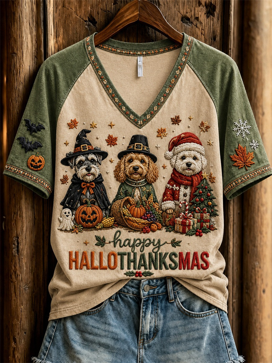 Happy Hallothanksmas Holiday Season Dogs V-Neck T-Shirt Gift Ideas For Daughter - Flickden