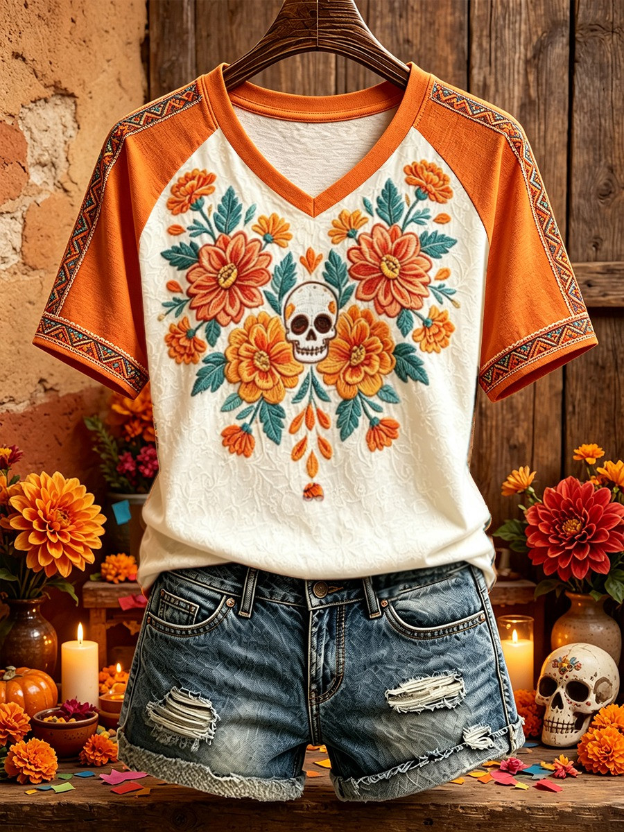 Mexico Day Of The Dead Floral Art V-Neck T-Shirt Gift For Wife - Flickden