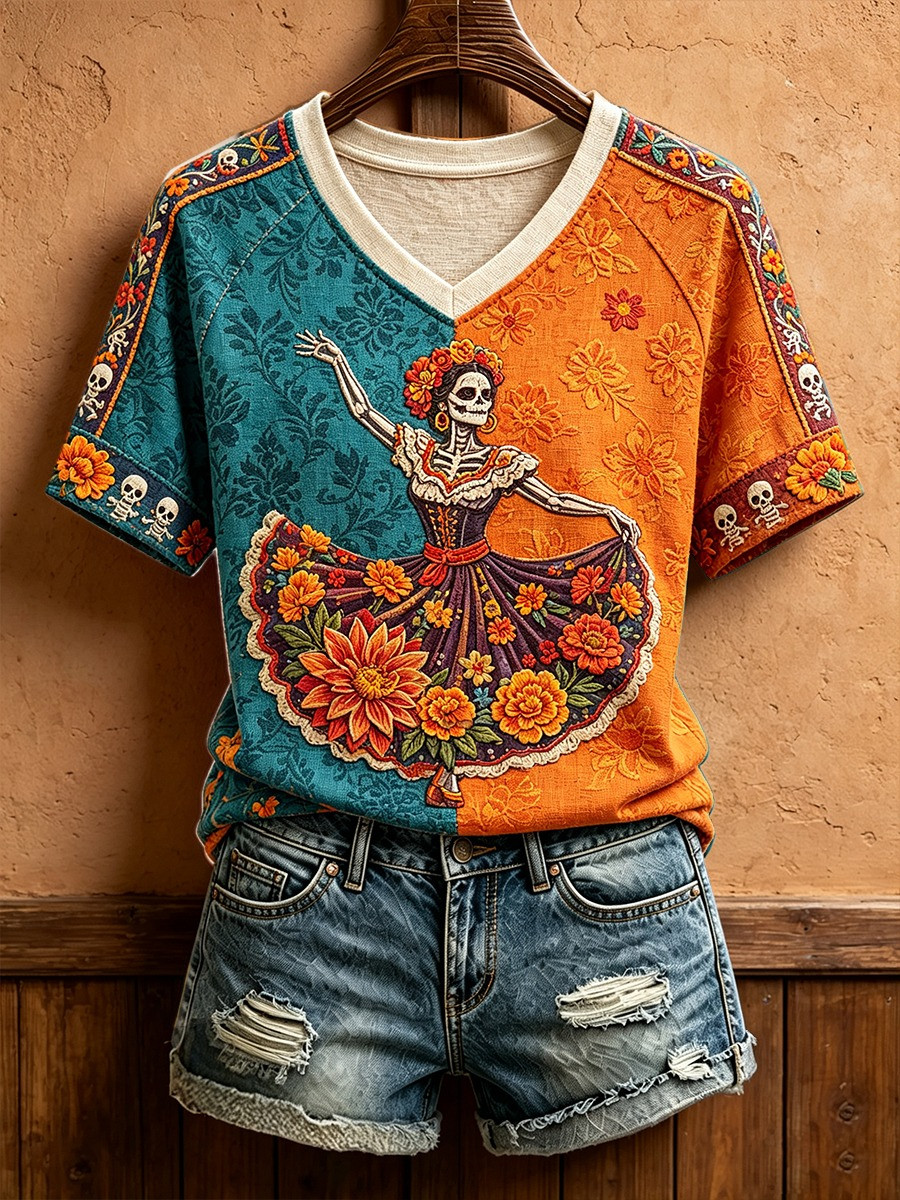 Mexico Day Of The Dead Floral Art V-Neck T-Shirt Unique Gift For Her - Flickden