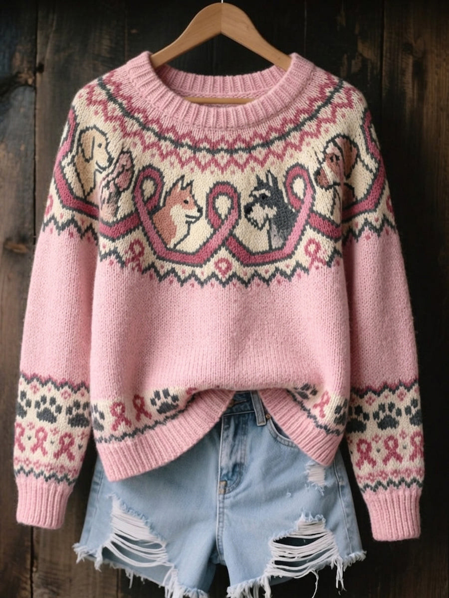 Vintage Pink Ribbon Dog Paws Sweater Breast Cancer Awareness Apparel Dog Lovers Gifts - Flickden
