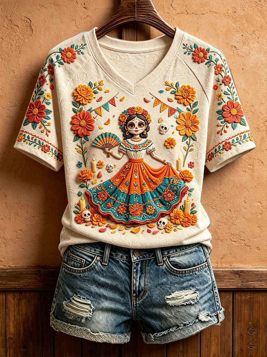 Women's Mexico Day Of The Dead Floral Art V-Neck T-Shirt Gift For Mother - Flickden