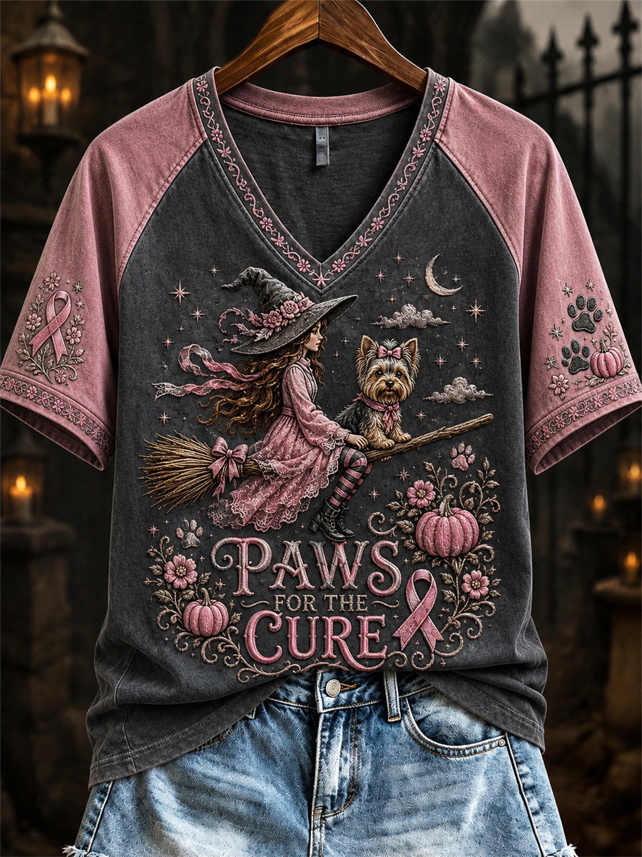 Yorkshire Witch Paws For The Cure V-Neck Shirt Breast Cancer Awareness Outfit Best Gifts - Flickden