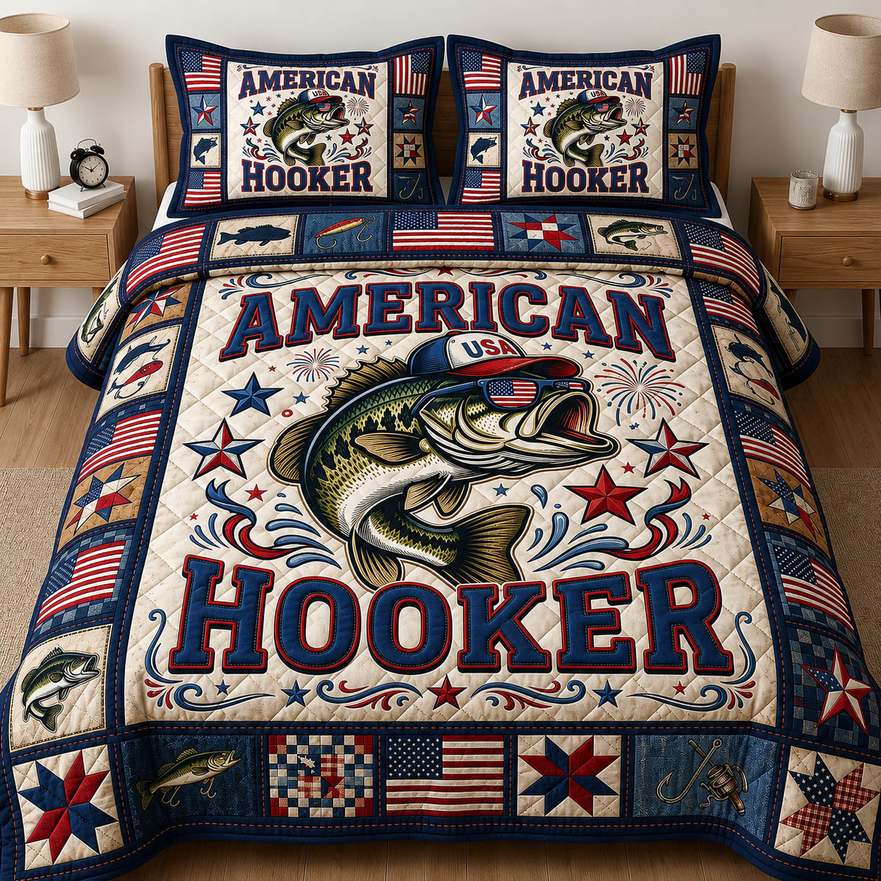 American Hooker Quilted Bedding Set Independence Day Room Decor Patriotic Themed Gifts - Flickden