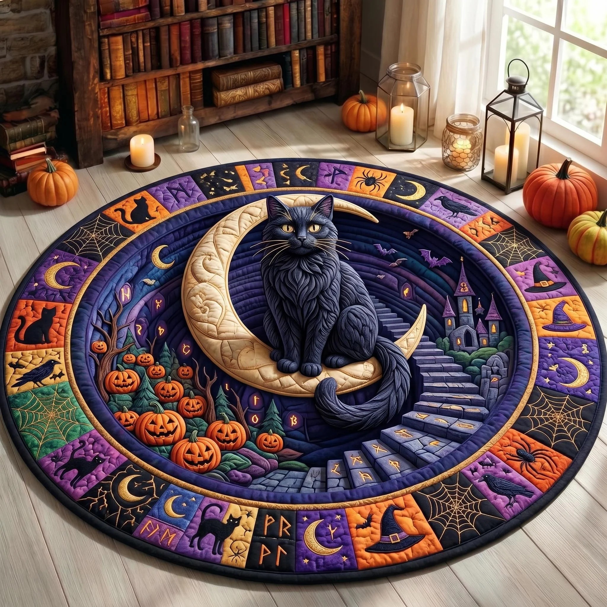 Black Cat Quilted Round Mat Halloween Living Room Decor Gift For Cat Lovers - Flickden