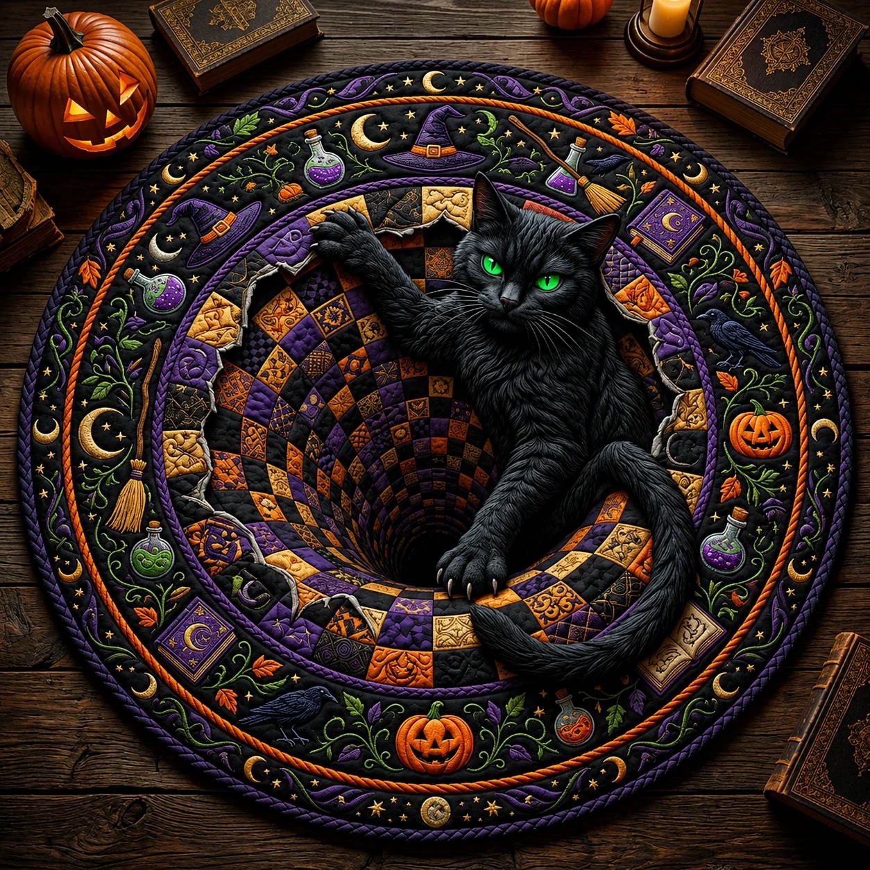 Black Cat Vortex Quilted Round Mat Halloween Home Decor Gifts Gift For Pet Lovers - Flickden