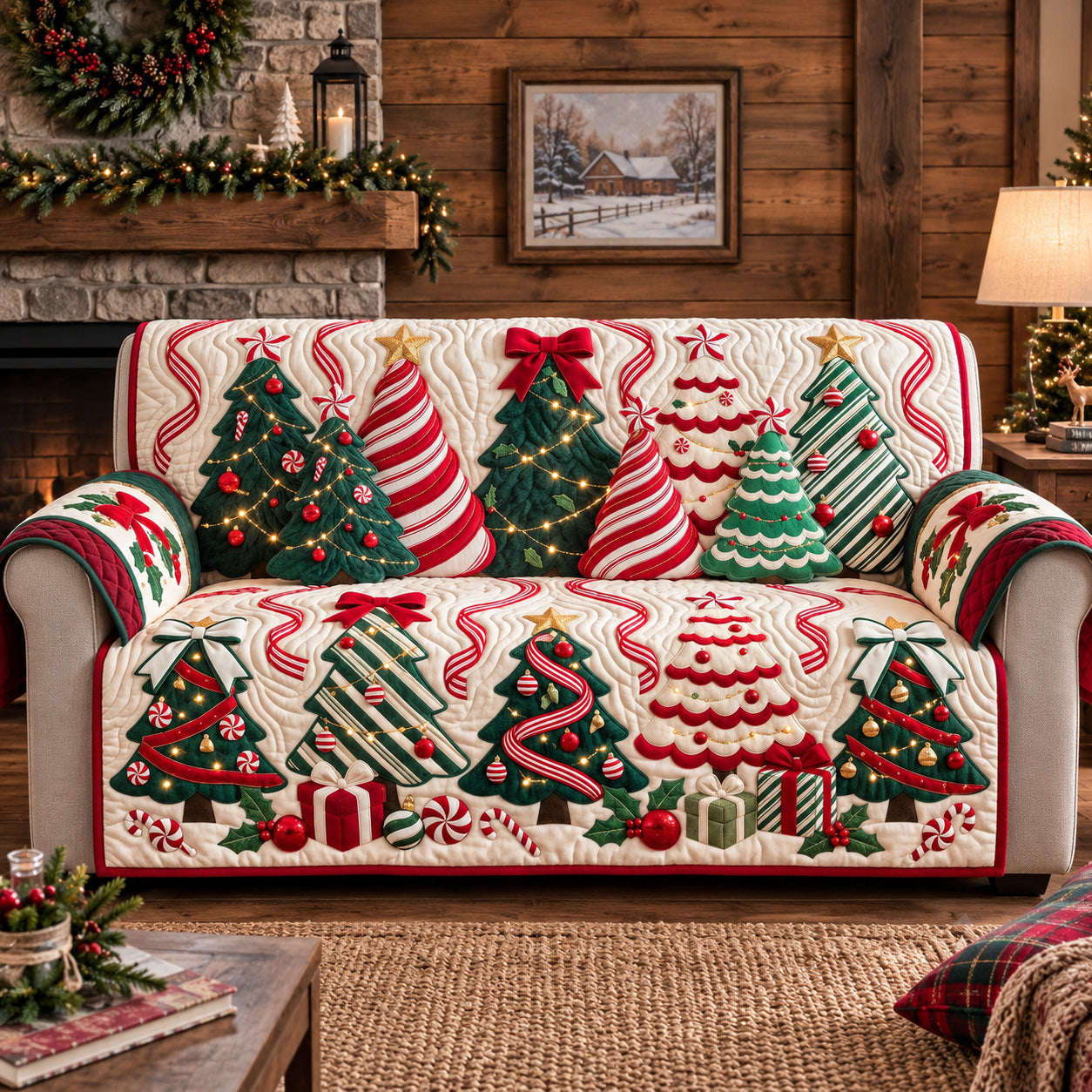 Candy Cane Trees Quilted Sofa Cover Xmas Home Decor Christmas Gifts For Mum - Flickden