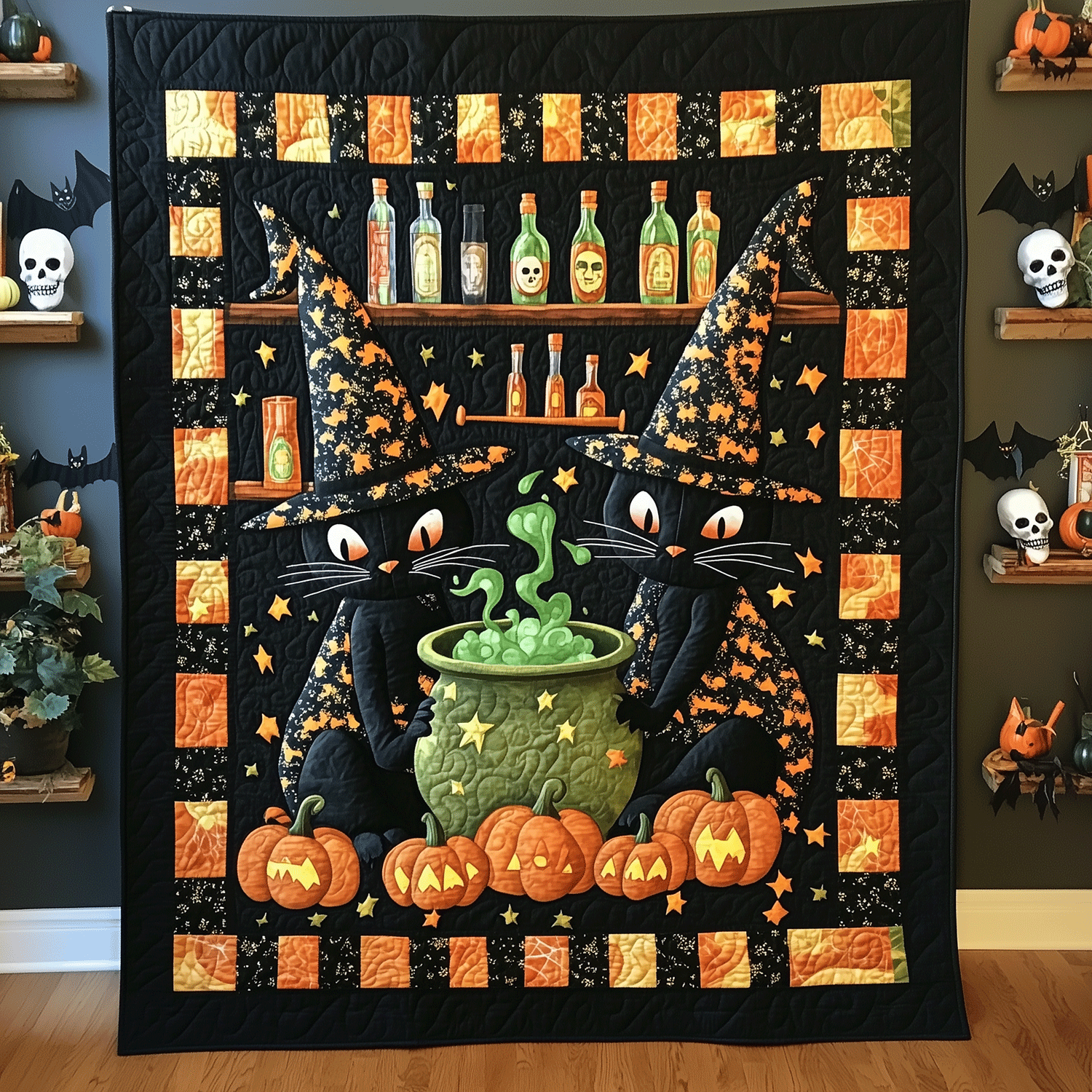 Cat Magic Potion Quilted Blanket Witchy Home Decor Gift For Cat Moms - Flickden