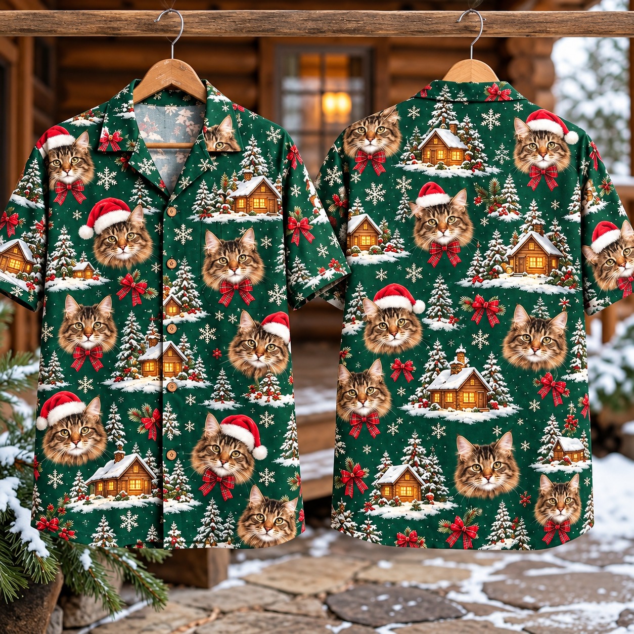 Christmas Hawaiian Shirt Tabby Cats in Santa Hats Winter Cabins On Green Back Xmas Outfit Gifts Idea - Flickden