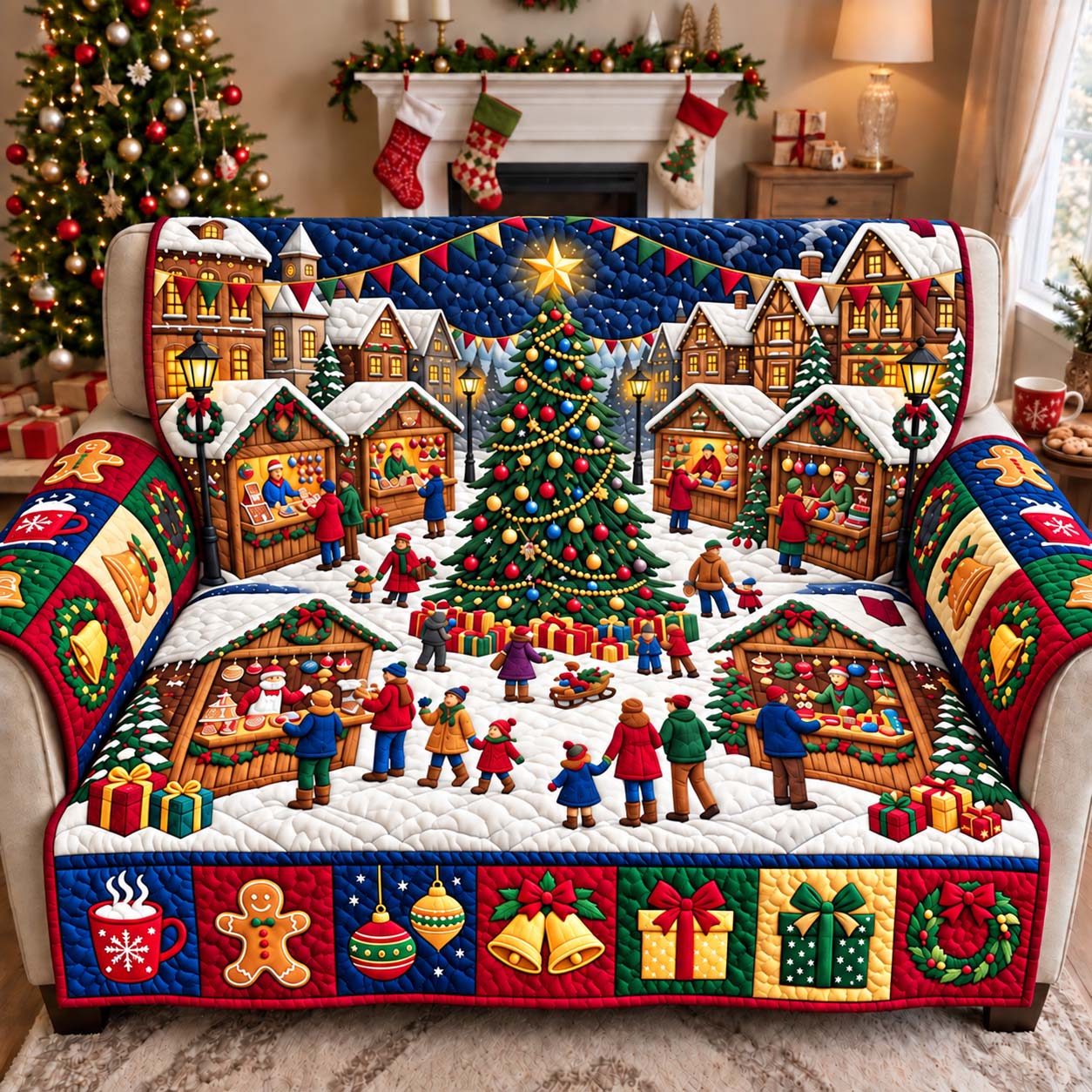 Christmas Market Village Quilted Sofa Cover Xmas Room Decor Christmas Presents For Grandmother - Flickden