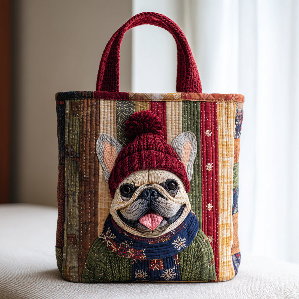 Christmas Merch Winter Bulldog Tote Bag Cute Christmas Handbag Gifts For Dog Lover - Flickden
