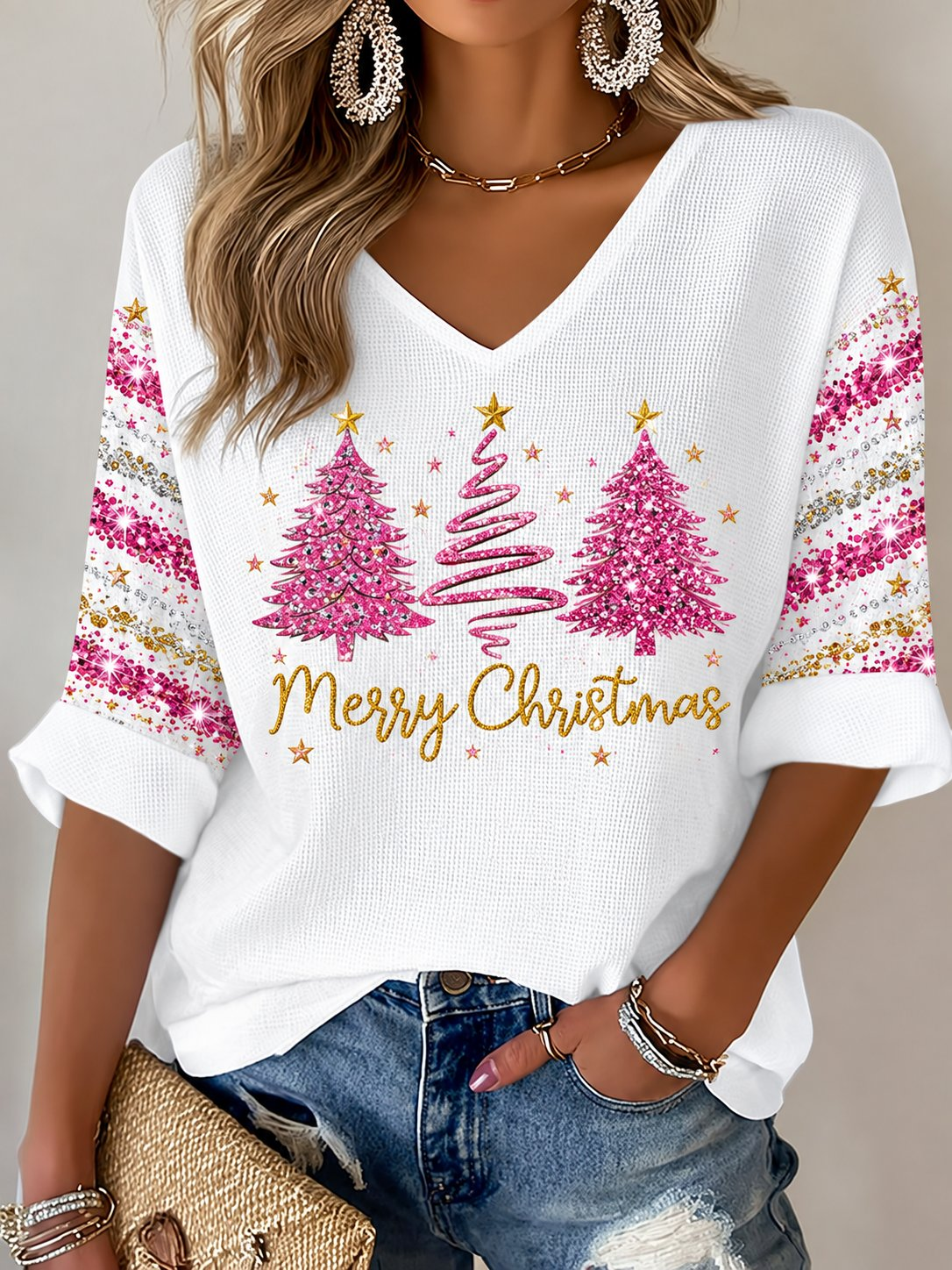 Christmas Mid Sleeves V-Neck Shirt Christmas Outfit Patriot Fashion Gift Ideas - Flickden