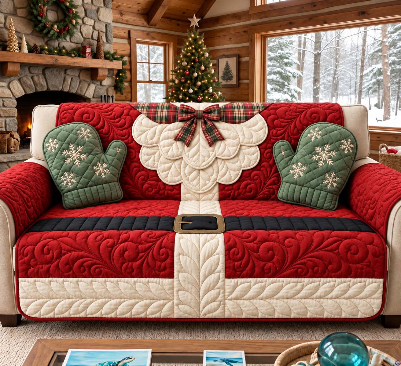 Christmas Mittens Of Santa Quilted Sofa Cover Xmas Decorations Christmas Gifts For Mom - Flickden