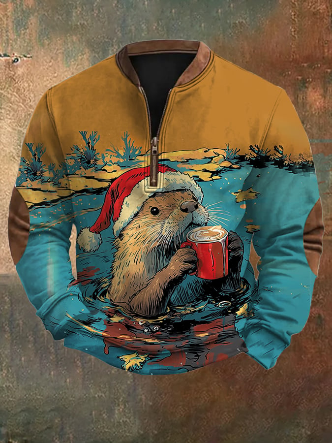 Christmas Otter Drink Brown Half Zip Sweatshirt Christmas Outfit Top Xmas Gift For Families - Flickden