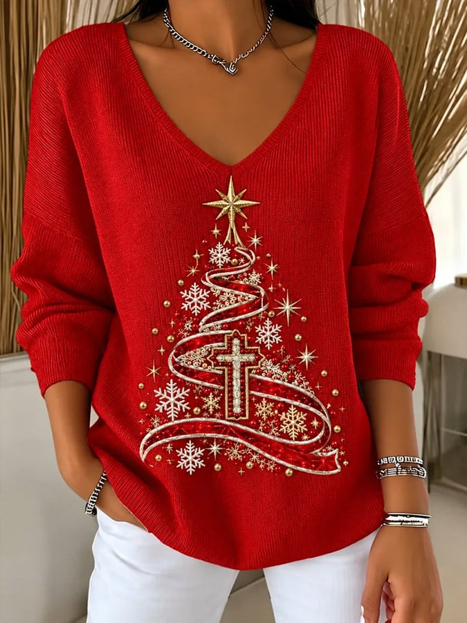 Christmas Tree Long Sleeves V-Neck Shirt Outfit Christmas Xmas Gift Ideas For Office Besties - Flickden