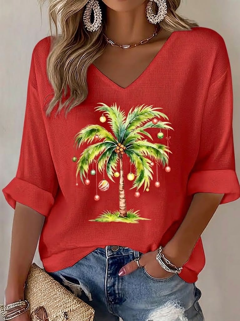 Christmas Tree Mid Sleeves V-Neck Shirt Christmas Clothing Xmas Presents For Seasonal Outfit Lovers - Flickden