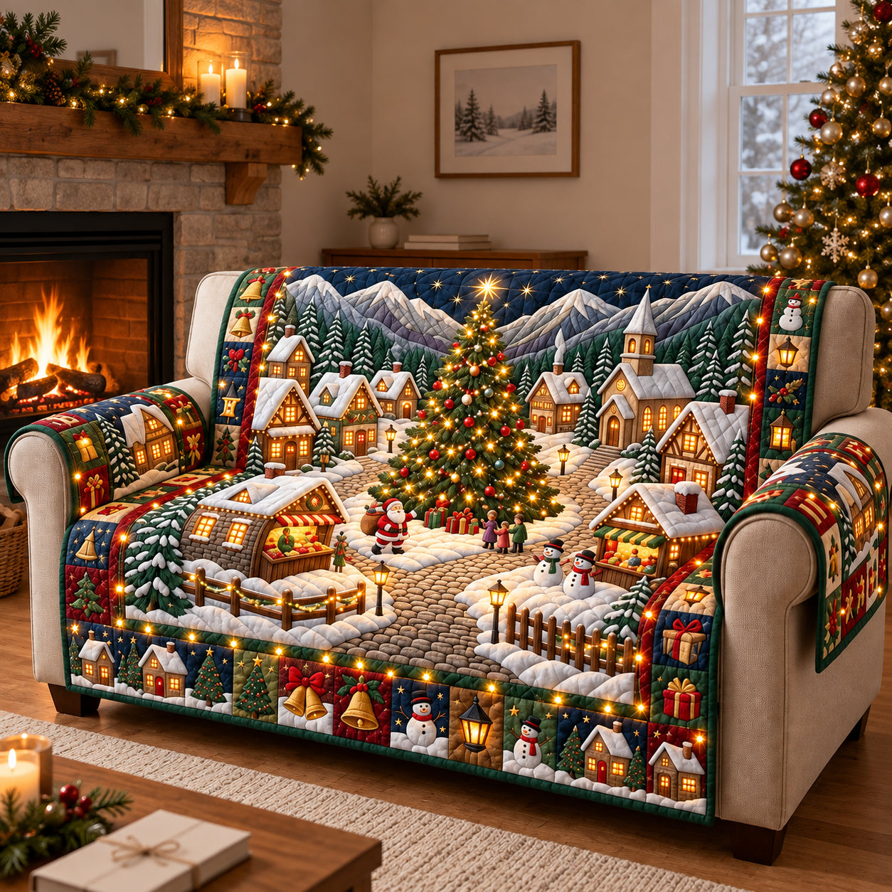 Christmas Village Festival Night Quilted Sofa Cover Xmas Sofa Decorations Christmas Gifts For Wife - Flickden