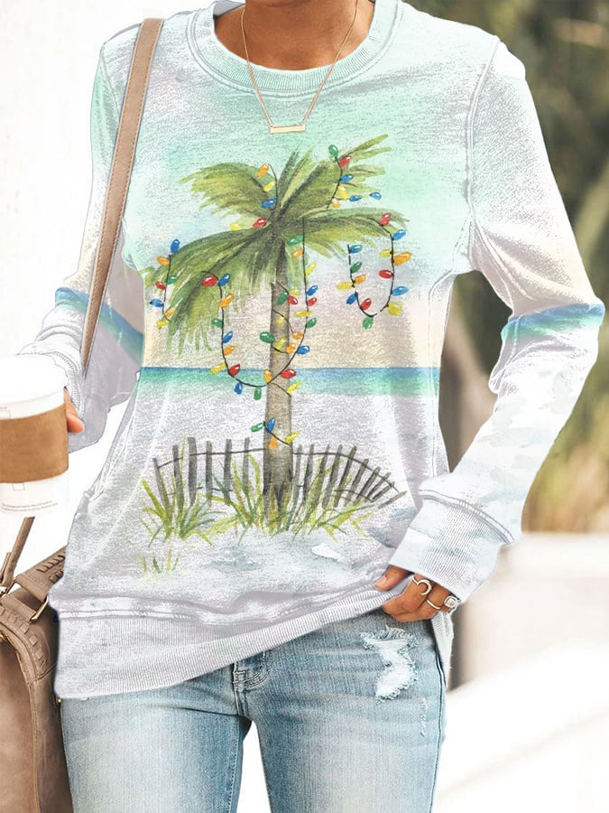 Christmas Watercolor Palm Tree Sweatshirt Christmas Outfit Xmas Gifts For Sisters And Cousins - Flickden
