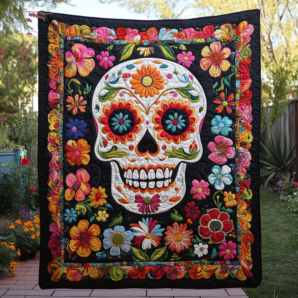 Colorful Sugar Skull Quilted Blanket Gothic Bedroom Decor Gift For Her - Flickden