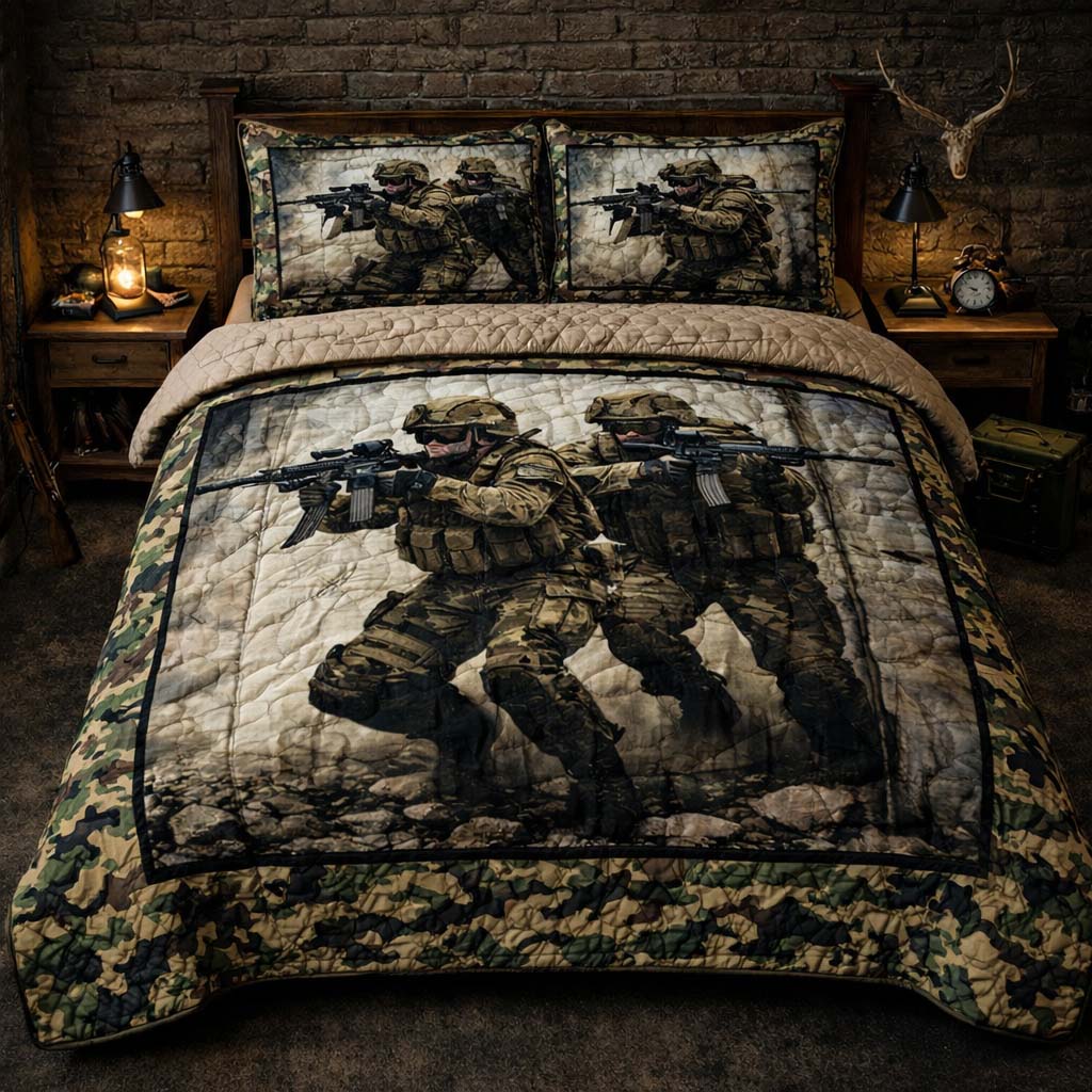 Combat Brotherhood Quilted Bedding Set Celebrating USA 250 Room Decor Patriotic Gifts For Veterans - Flickden