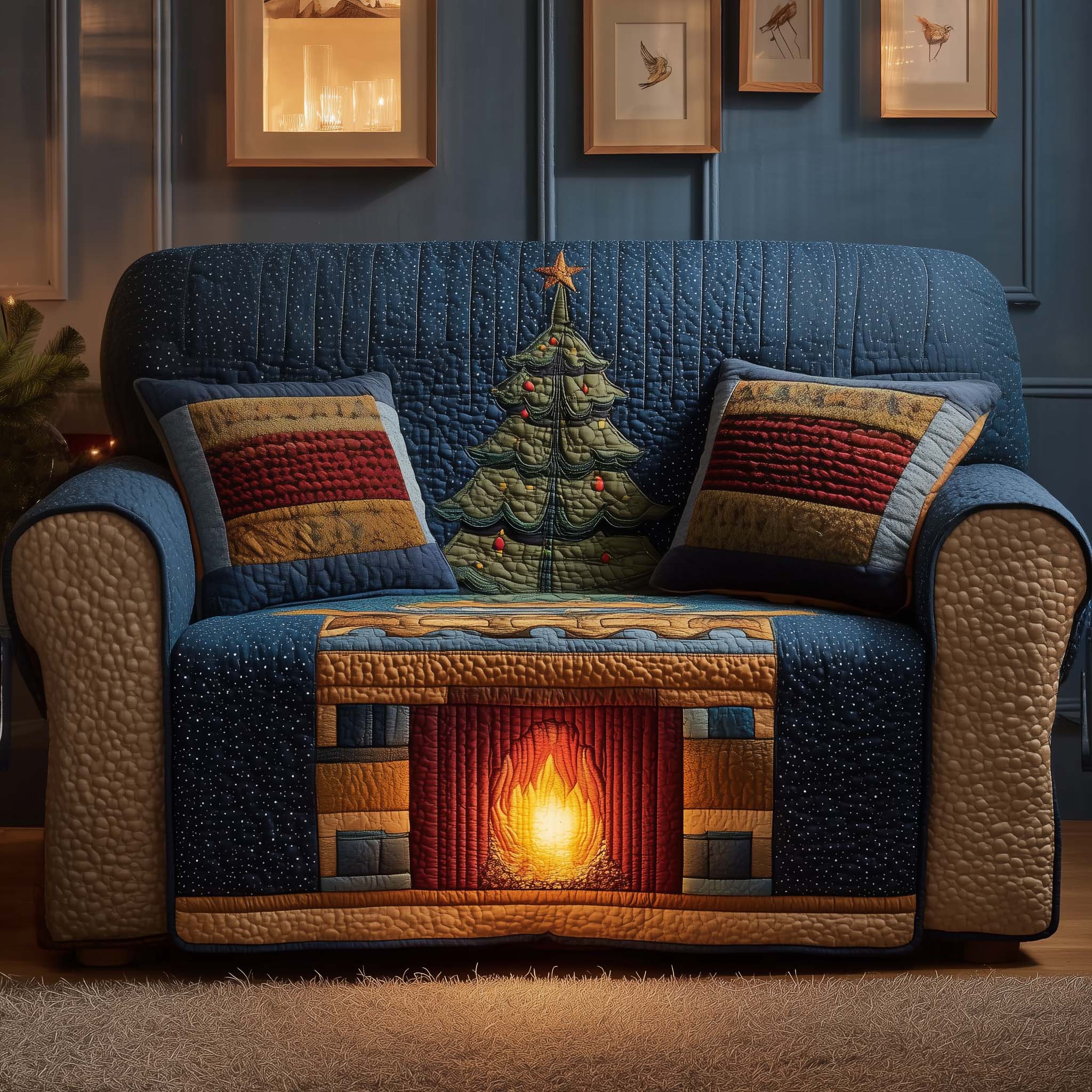 Cozy Fireplace Quilted Sofa Cover Xmas Home Decor Christmas Gift From Grandma - Flickden