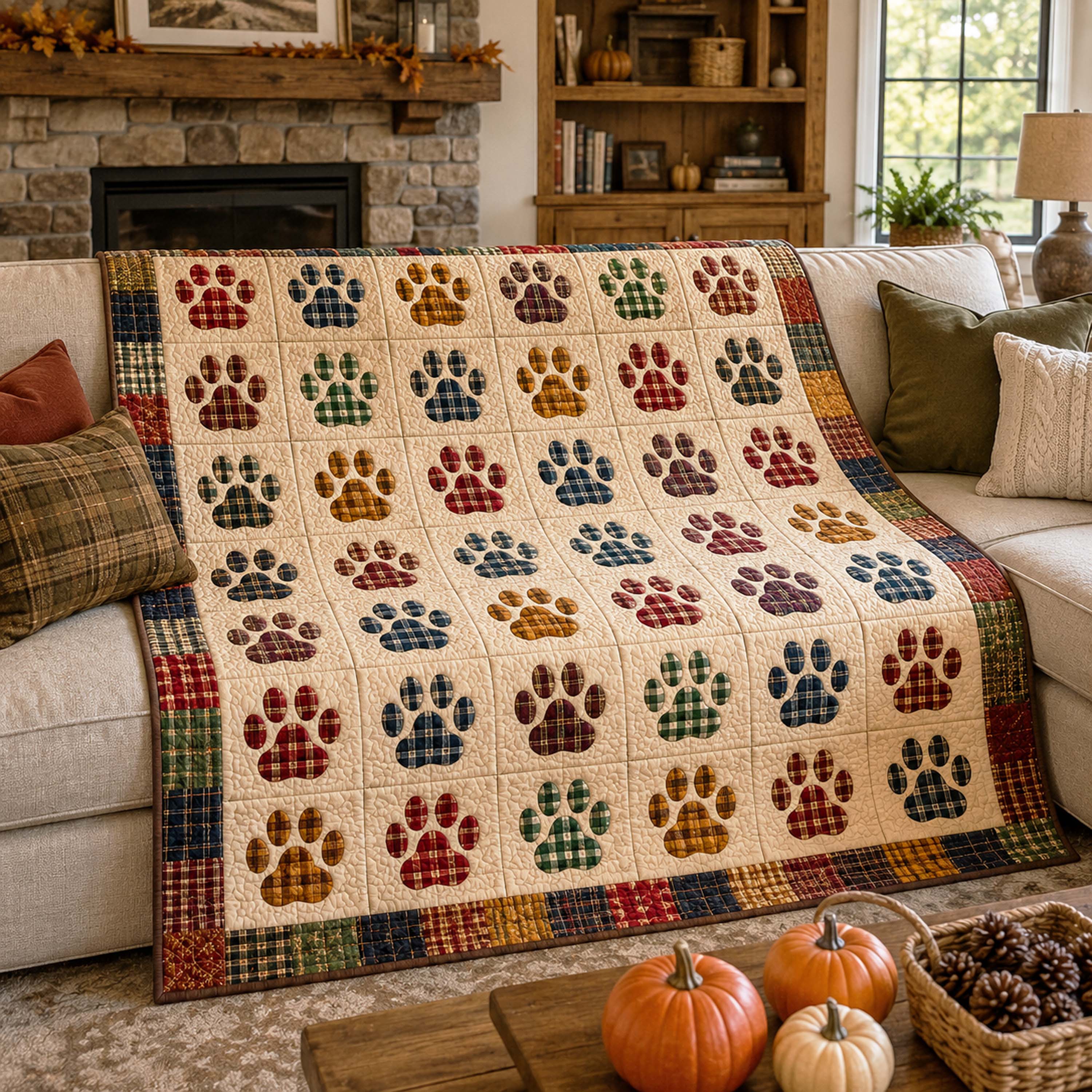 Cozy Paws Plaid Quilted Blanket Fall Home Decor Gift For Pet Owners - Flickden