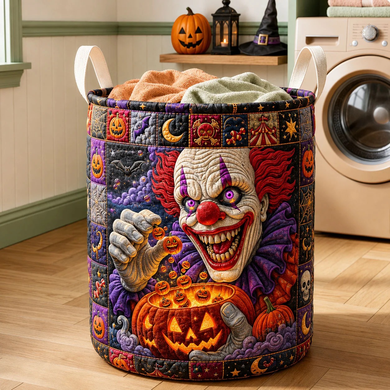 Creepy Carnival Clown Halloween Quilted Laundry Basket Halloween Home Decor - Flickden