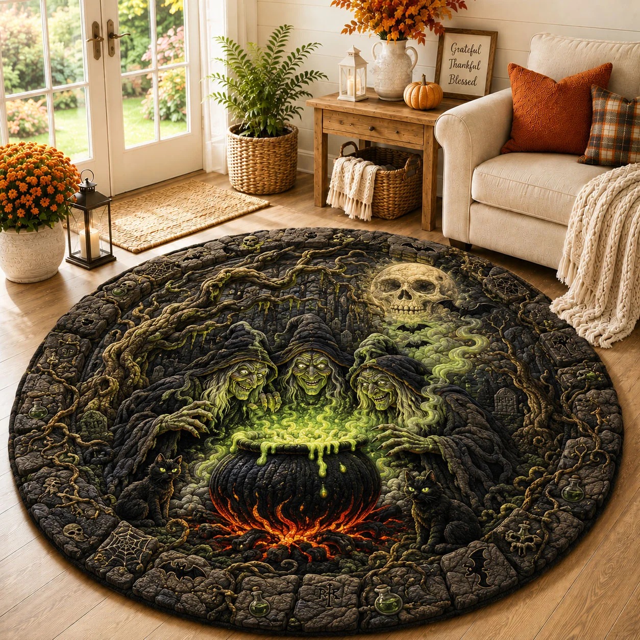 Creepy Forest Coven Halloween Quilted Round Mat Home Good Halloween Decoration - Flickden
